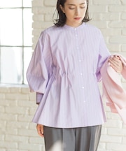 ストライプペプラムデザインブラウス【洗濯機OK】