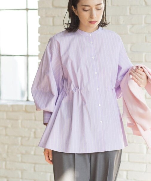 ストライプペプラムデザインブラウス【洗濯機OK】