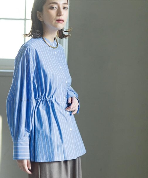 ストライプペプラムデザインブラウス【洗濯機OK】