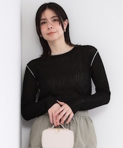 シアー配色クルーネックリブニット【洗濯機OK】