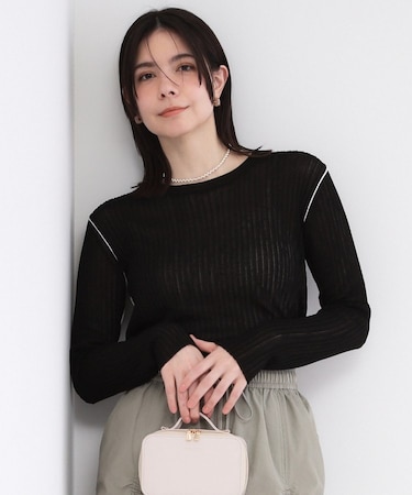 シアー配色クルーネックリブニット【洗濯機OK】