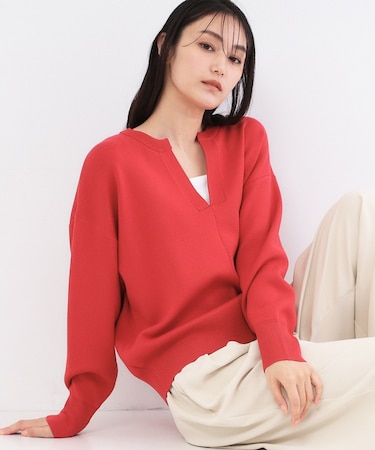 キーネックデザインニット【洗濯機OK】