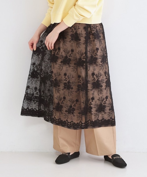 シアーレース刺繍レイヤードスカート【洗濯機OK】