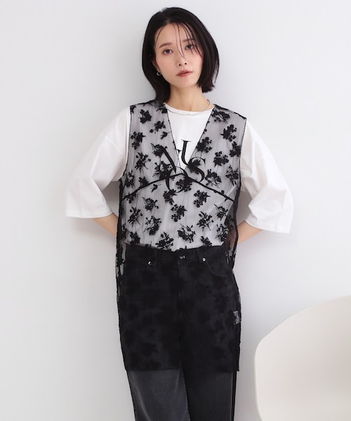 シアー刺繍チュニックブラウス【洗濯機OK】