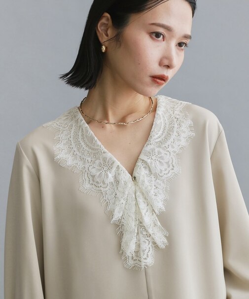 【es】ヒゲレースVネックブラウス【洗濯機OK】