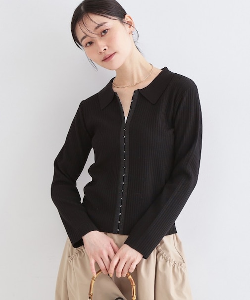 ポロ衿ホック使いリブニットカーディガン【洗濯機OK】