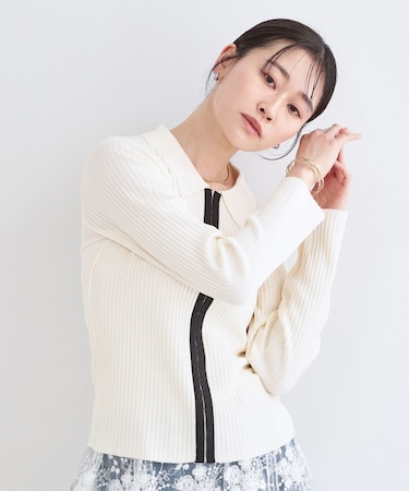 ポロ衿ホック使いリブニットカーディガン【洗濯機OK】