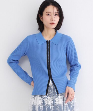 ポロ衿ホック使いリブニットカーディガン【洗濯機OK】