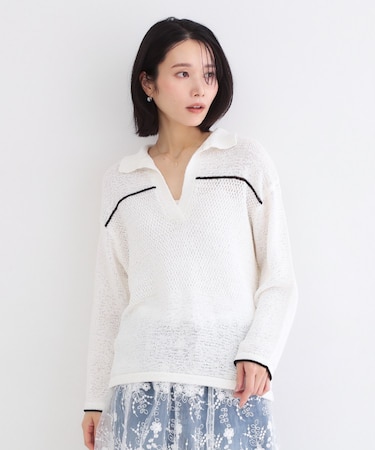 テープヤーンキーネックニット【洗濯機OK】