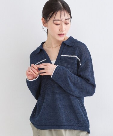 テープヤーンキーネックニット【洗濯機OK】