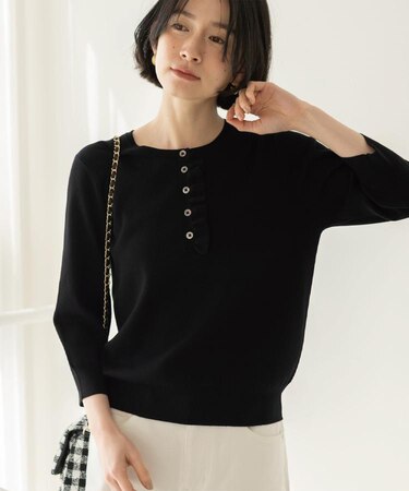 フリルヘンリーネックニット【洗濯機OK/抗ピル】