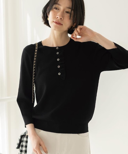 フリルヘンリーネックニット【洗濯機OK/抗ピル】