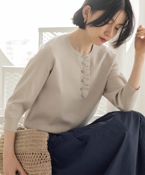 フリルヘンリーネックニット【洗濯機OK/抗ピル】