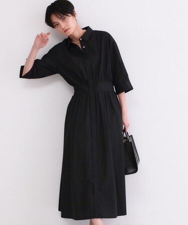 サッシュリボンベルト付きフレアシャツワンピース【洗濯機OK/防シワ加工】