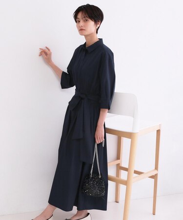 サッシュリボンベルト付きフレアシャツワンピース【洗濯機OK/防シワ加工】