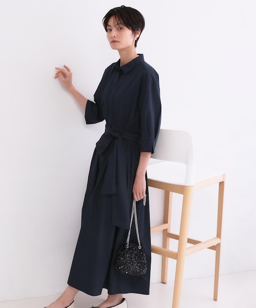 サッシュリボンベルト付きフレアシャツワンピース【洗濯機OK/防シワ加工】