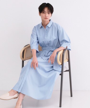 サッシュリボンベルト付きフレアシャツワンピース【洗濯機OK/防シワ加工】