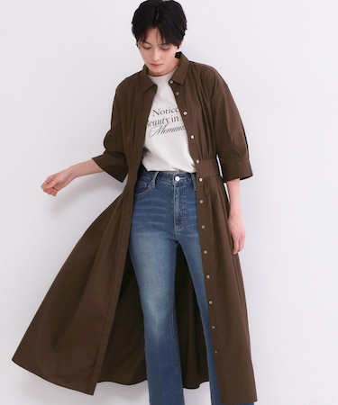 サッシュリボンベルト付きフレアシャツワンピース【洗濯機OK/防シワ加工】