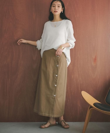ボタンデザインナロースカート【洗濯機OK】