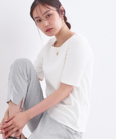 ベーシックリブボートネックカットソー【洗濯機OK】