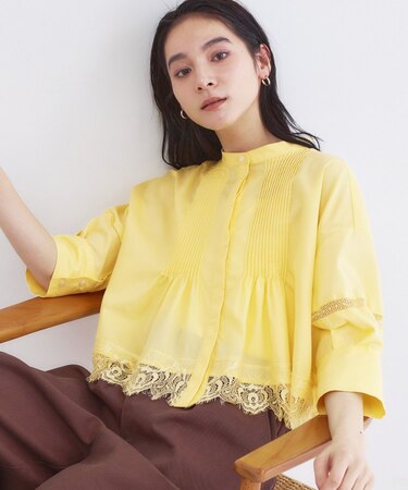 裾レース使いピンタックショートシャツ【洗濯機OK】