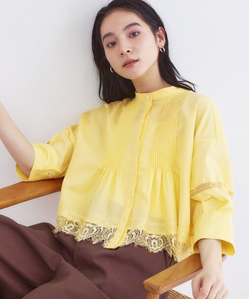 裾レース使いピンタックショートシャツ【洗濯機OK】