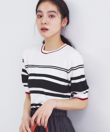 ランダムボーダーハーフスリーブニット【洗濯機OK】