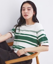 ランダムボーダーハーフスリーブニット【洗濯機OK】