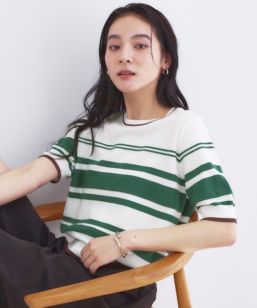 ランダムボーダーハーフスリーブニット【洗濯機OK】