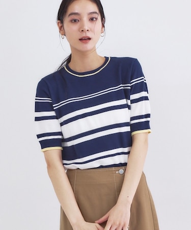 ランダムボーダーハーフスリーブニット【洗濯機OK】