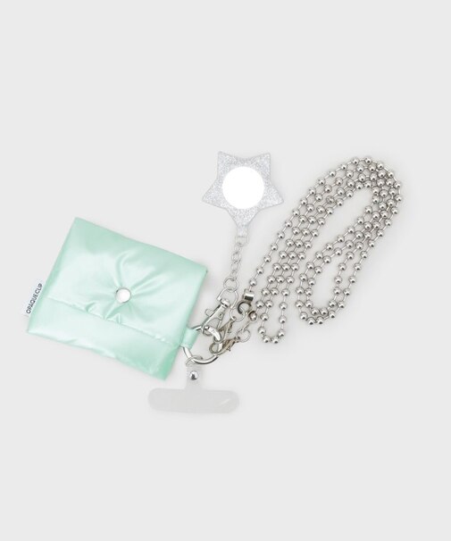 ミラーチャーム&ミニポーチ付き ボールチェーンスマートフォンショルダーストラップ