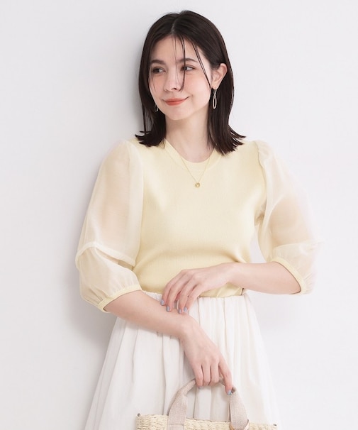 オーガンジーパフスリーブドッキングニット【洗濯機OK】