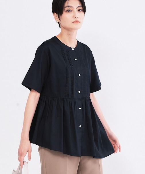 ピンタックアシメペプラムブラウス【洗濯機OK】