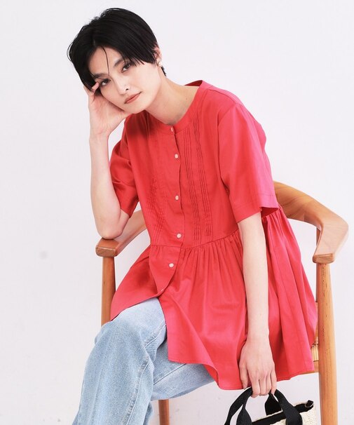 ピンタックアシメペプラムブラウス【洗濯機ＯＫ】