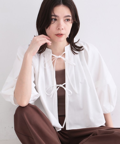 ボリュームスリーブ前リボンブラウス【洗濯機OK】｜オペーク ドット