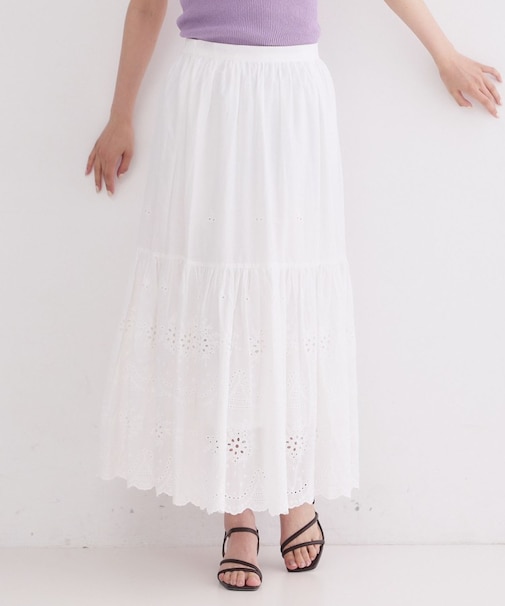 カットワークレースギャザーマキシスカート【洗濯機OK】