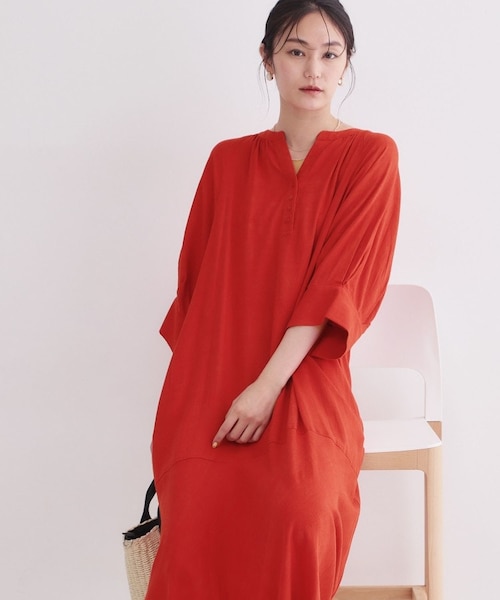 キーネックロングワンピース【洗える】｜オペーク ドット クリップの