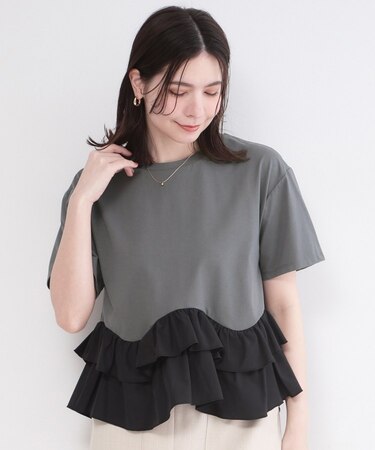裾フリルドッキングTシャツ【洗濯機OK】
