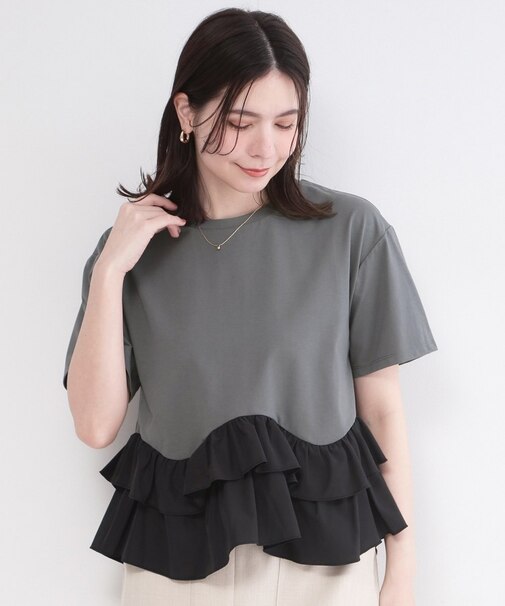 裾フリルドッキングTシャツ【洗濯機OK】