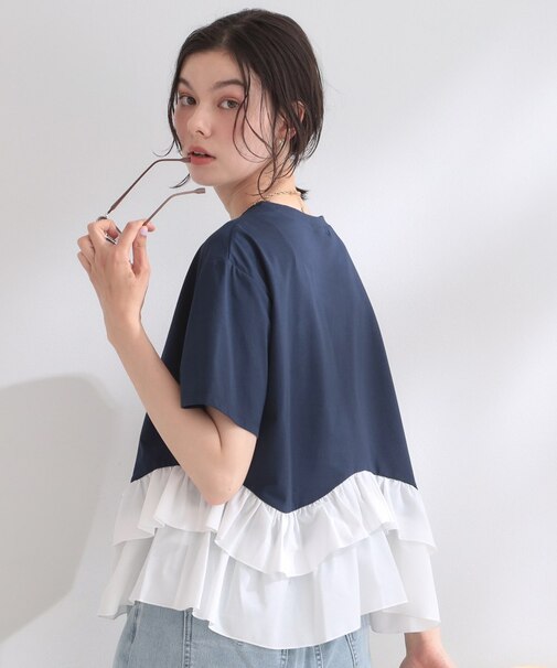 裾フリルドッキングTシャツ【洗濯機OK】