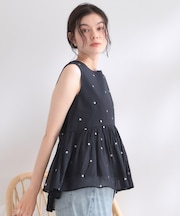 ラメドット刺繍ペプラムブラウス【洗える】