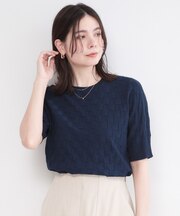 柄編みハーフスリーブニット【洗濯機OK／抗ピル】