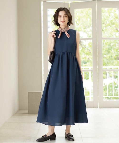 新品試着ROSASENモックネックノースリーブワンピースLネイビー吸汗速乾美品 接触冷感】麻混シアーノースリーブワンピース《洗濯機OK》｜オペーク