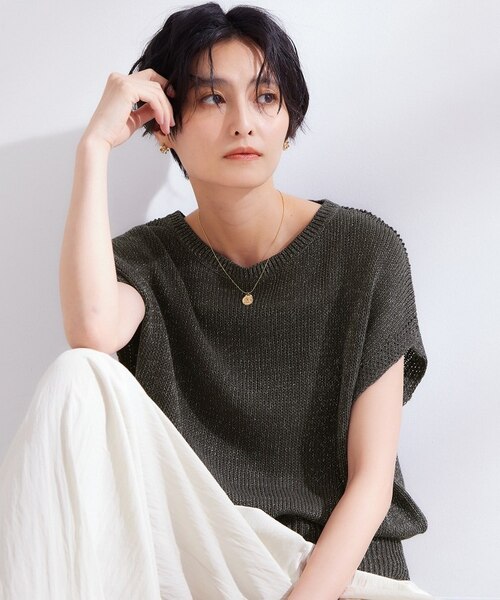 ラメメッシュ フレンチスリーブニット【洗濯機OK】｜オペーク ドット