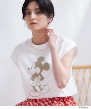 「Mickey Mouse」フロッキープリント フレンチスリーブTシャツ《洗濯機OK》