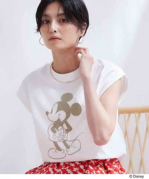 「Mickey Mouse」フロッキープリント フレンチスリーブTシャツ《洗濯機OK》