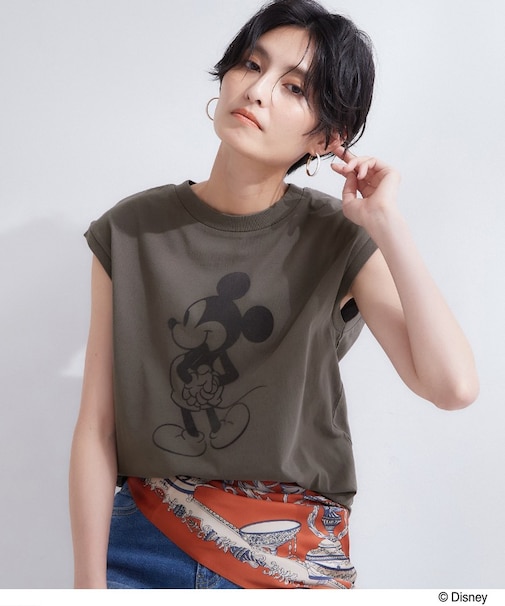 「Mickey Mouse」フロッキープリント フレンチスリーブTシャツ《洗濯機OK》