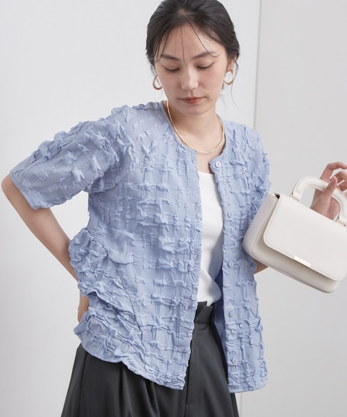 ふくれジャカード フリルペプラムブラウス【洗濯機OK】