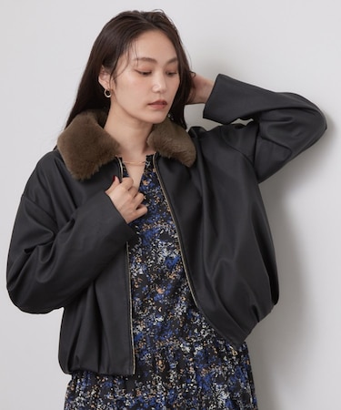 フェイクファー衿付き マットレザー調ブルゾン【洗える】