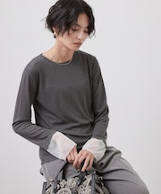 袖口レース&ドットチュールドッキングトップス【洗濯機OK】